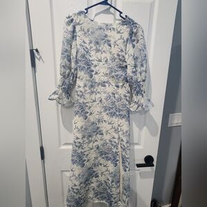 blue and white floral midi dress